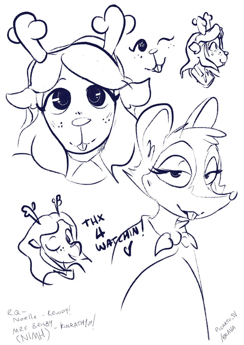 absurd_res anthro bbravaa buckteeth cape capreoline cervid clothing deltarune don_bluth duo female hi_res horn looking_at_viewer mammal monochrome mouse mrs._brisby murid murine noelle_holiday one_eye_closed reindeer rodent sketch_page teeth the_secret_of_nimh undertale_(series) video_games wink