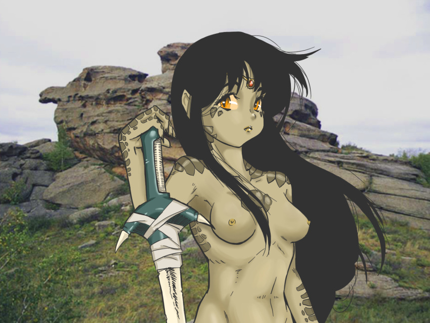 anthro black_hair breasts female green_body green_skin hair jewelry lizard melee_weapon orange_eyes orange_pupils pupils reptile riron_blep scalie solo sword weapon