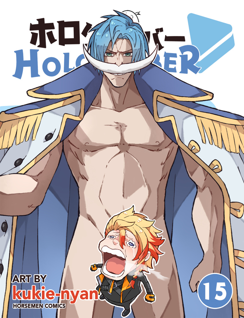 alternate_costume arm_at_side axel_syrios blue_hair censored character_censor chopper_crying_(meme) clenched_hand coat commentary cosplay edward_newgate edward_newgate_(cosplay) english_commentary facial_hair grin highres holostars holostars_english kukie-nyan looking_at_viewer male_focus meme muscular muscular_male mustache naked_coat novelty_censor regis_altare smile solo the_one_piece_is_real_(meme)