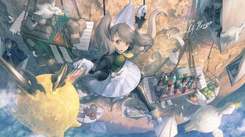 1girl 3boys bird black_coat black_gloves bottle box brown_eyes brown_hair cliff coat copyright_name duck food fur_trim gloves grey_skirt highres lettuce long_sleeves moon_basket multiple_boys piton_philolaus pixiv_fantasia pixiv_fantasia_mountain_of_heaven planted pulley rackety rope skirt sword tentacles tomato vial weapon white_gloves