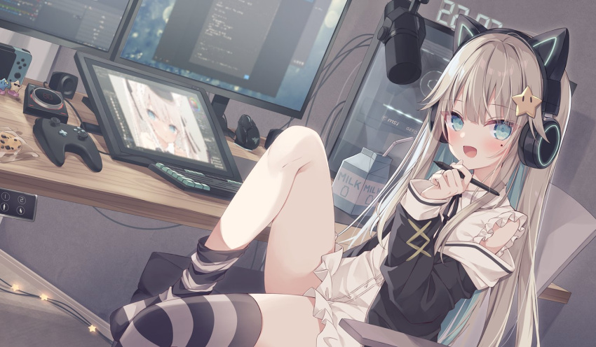 1girl animal_ears aqua_eyes aqua_hair bangs blonde_hair blue_eyes blush controller cookie drawing drawing_tablet dress fake_animal_ears food game_controller hair_ornament headphones holding holding_pen hoshi_(snacherubi) indoors jacket leg_up long_hair long_sleeves looking_at_viewer microphone mole mole_under_eye monitor multicolored_hair nintendo_switch off_shoulder original pen sitting solo speaker star_(symbol) star_hair_ornament thighhighs two-tone_hair white_dress