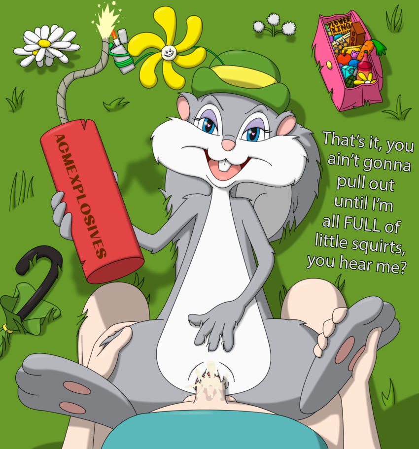 animaniacs anthro anthro_penetrated belly_rub bodily_fluids cum cum_in_pussy cum_inside detailed_background duo dynamite english_text explosives female first_person_view flower genital_fluids genitals hi_res holding_leg human human_on_anthro human_penetrating human_penetrating_anthro human_penetrating_female impregnation_request interspecies johnbrain93 looking_at_viewer male male/female mammal penetration penis plant rodent sciurid sex slappy_squirrel text tree_squirrel vaginal vaginal_penetration warner_brothers