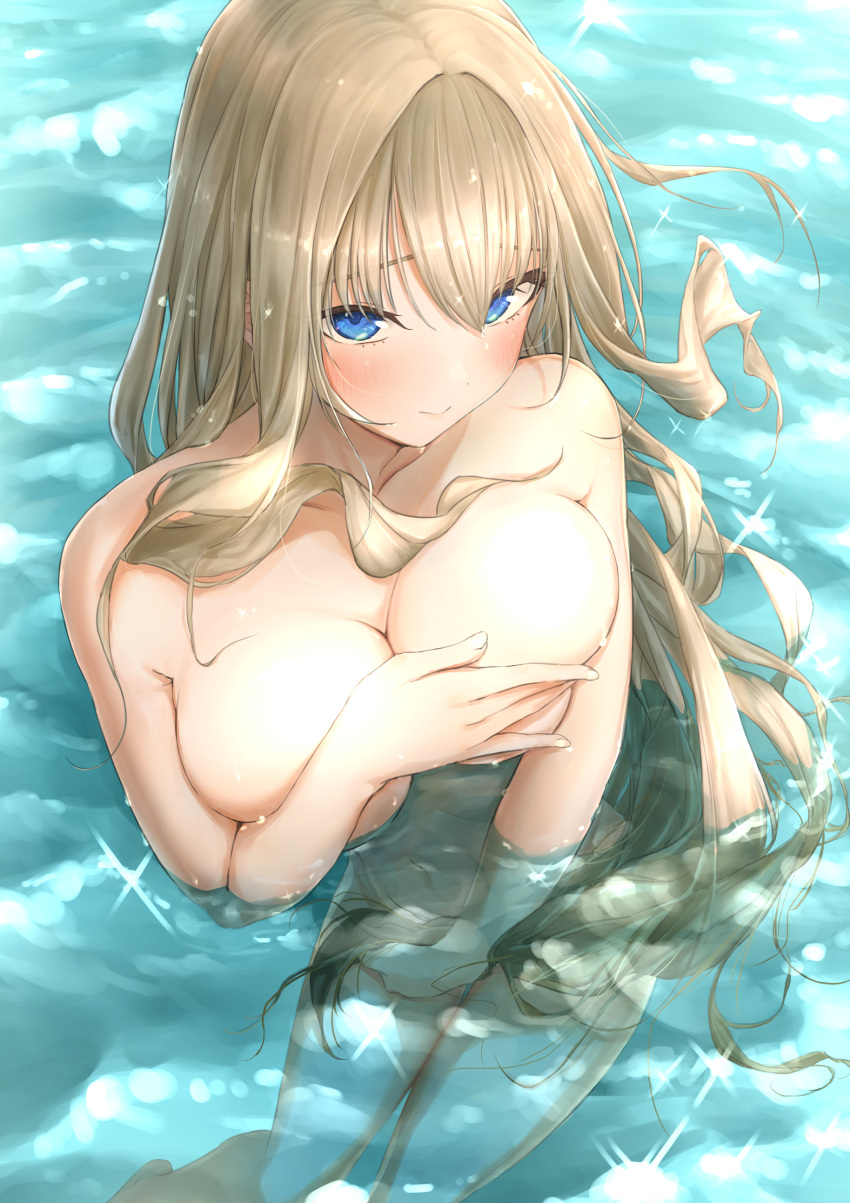 1girl absurdres bangs barefoot blonde_hair blue_eyes blush breasts cleavage closed_mouth collarbone commentary_request completely_nude covering covering_breasts covering_crotch day dolphin_wave enoshito feet_out_of_frame fingernails foreshortening from_above hair_between_eyes hair_intakes hair_over_crotch hand_up highres kirahoshi_kanna large_breasts light_particles long_hair looking_at_viewer looking_up navel nude outdoors partially_submerged raised_eyebrows solo sparkle very_long_hair water water_drop wet wet_hair