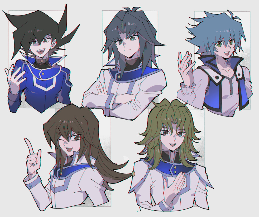 5boys aoki_(fumomo) bangs black_hair blonde_hair brown_eyes brown_hair cropped_torso crossed_arms duel_academy_uniform_(yu-gi-oh!_gx) fujiwara_yuusuke green_hair hair_between_eyes hand_up index_finger_raised johan_andersen long_hair long_sleeves looking_at_viewer male_focus manjoume_jun marufuji_ryou multiple_boys open_mouth short_hair smile tenjouin_fubuki yu-gi-oh! yu-gi-oh!_gx