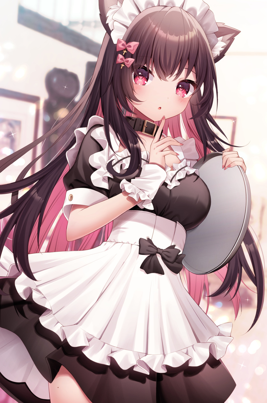 1girl :o absurdres animal_ear_fluff animal_ears apron black_collar black_dress blurry blurry_background breasts brown_hair collar colored_inner_hair commentary_request depth_of_field dress frilled_apron frills hands_up heart heart-shaped_pupils highres holding holding_tray indoors long_hair looking_at_viewer maid medium_breasts multicolored_hair original parted_lips pink_hair puffy_short_sleeves puffy_sleeves red_eyes sapphire_(sapphire25252) short_sleeves solo standing symbol-shaped_pupils tray two-tone_hair very_long_hair white_apron wrist_cuffs