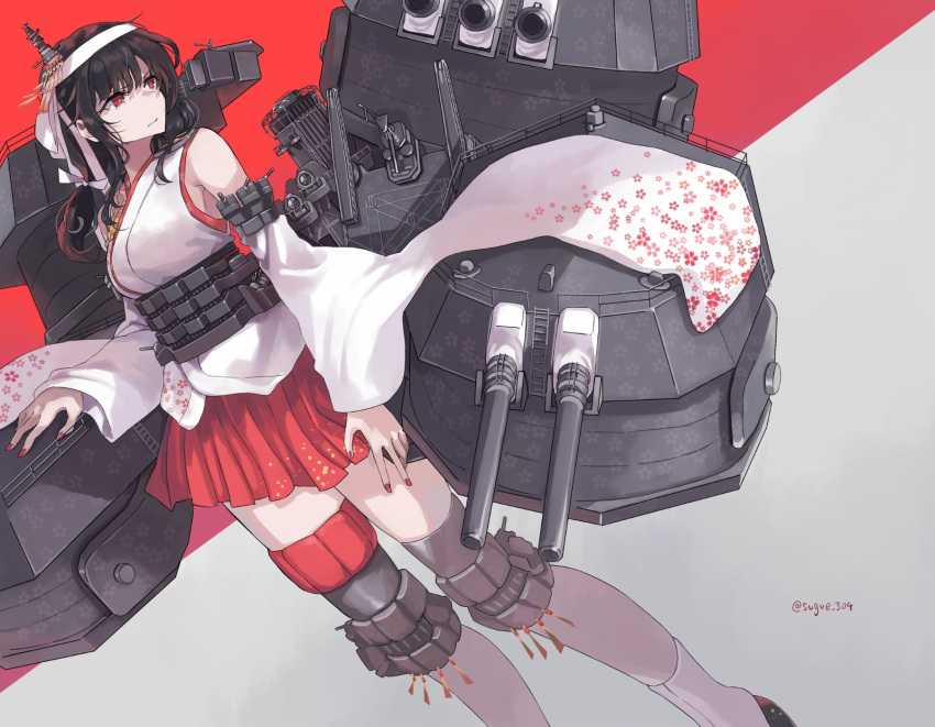 1girl bare_shoulders black_hair closed_mouth detached_sleeves hair_ornament hakama hakama_skirt highres japanese_clothes kantai_collection machinery nontraditional_miko red_eyes red_hakama rigging short_hair skirt socks solo sugue_tettou tabi turret twitter_username two-tone_background white_sleeves white_socks yamashiro_(kancolle) yamashiro_kai_ni_(kancolle)