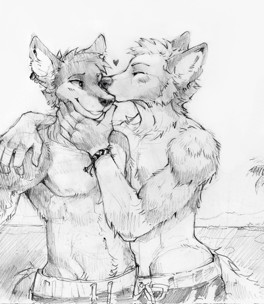 &lt;3 akatan_art anthro armband canid cheek_tuft clothed clothing duo ear_piercing ear_ring eyes_closed facial_tuft front_view greyscale hair hi_res kissing male male/male mammal monochrome neck_tuft outside piercing ring_piercing short_hair smile standing three-quarter_view topless tuft unsigned