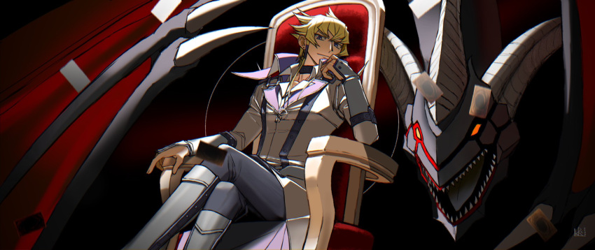 1boy bangs blonde_hair dragon dragoncrest duel_monster elbow_rest from_below hair_between_eyes highres jack_atlas jacket looking_at_viewer male_focus purple_eyes red_dragon_archfiend short_hair sitting spiked_hair throne yu-gi-oh! yu-gi-oh!_5d's