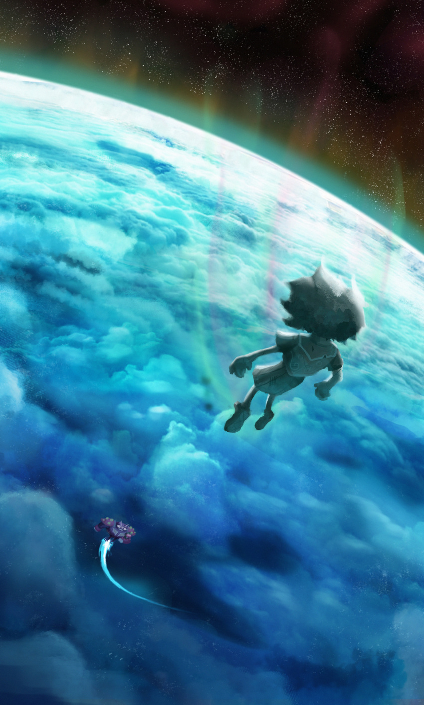 1girl absurdres amphibia anne_boonchuy atmospheric_reentry cloud duckmeat_woohoo falling frobo from_behind highres planet robot shirt shoes short_sleeves skirt sky space spoilers star_(sky) starry_sky