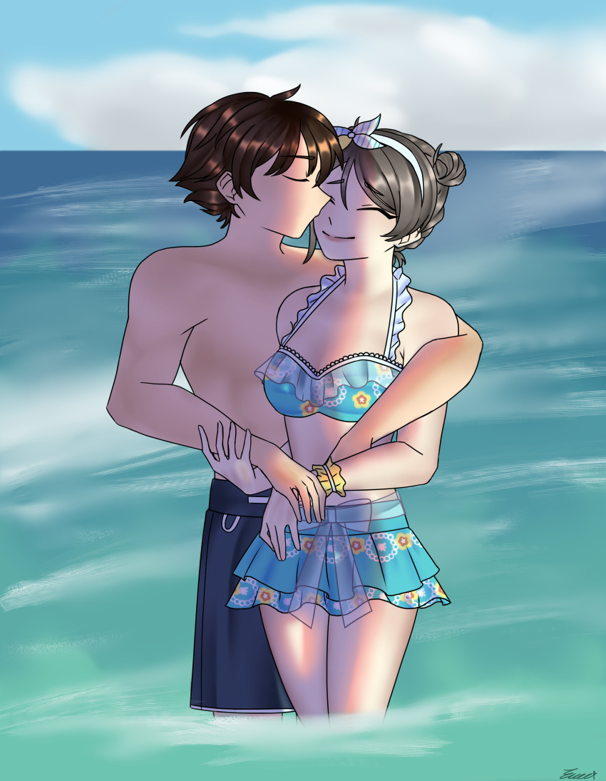 1boy 1girl absurdres artist_request bikini blue_bikini blue_sky blush bow bow_hairband bracelet breasts brown_hair captain_tsubasa closed_eyes cloud day double_bun frilled_bikini frills grabbing grabbing_from_behind grey_hair hair_bow hair_bun hairband hetero highres horizon hug hug_from_behind jewelry kiss kissing_cheek light_blush love_live! love_live!_sunshine!! male_swimwear non-web_source ocean oozora_tsubasa polka_dot polka_dot_bikini scrunchie short_hair sky smile summer swimsuit topless_male watanabe_you water