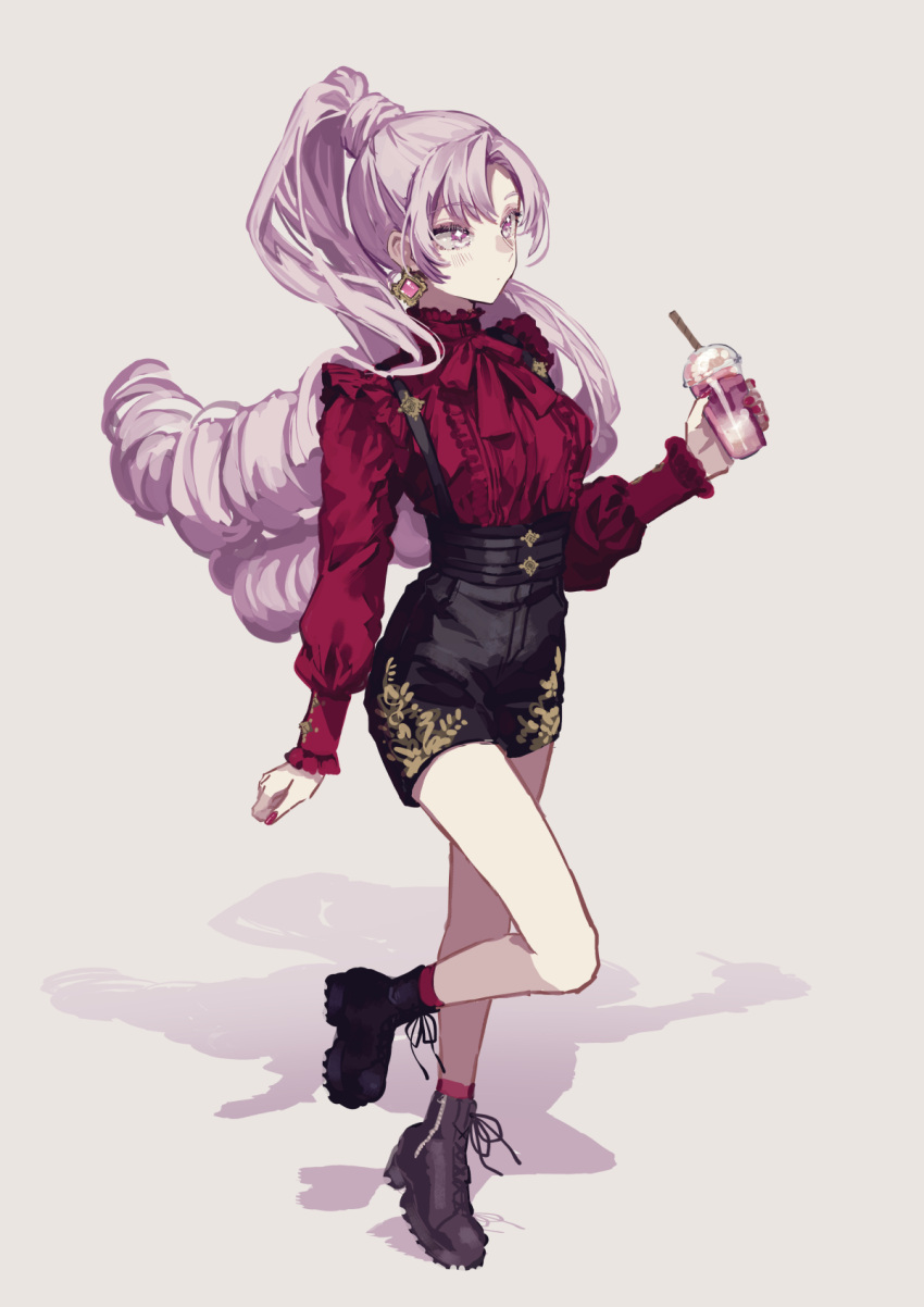 1girl 778-go bangs black_shorts blush boots cup disposable_cup drill_hair drinking_straw earrings full_body high-waist_shorts high_ponytail highres holding holding_cup hyakumantenbara_salome jewelry long_hair long_sleeves looking_away nijisanji purple_eyes purple_hair red_nails red_shirt shirt shorts simple_background solo standing standing_on_one_leg suspender_shorts suspenders very_long_hair virtual_youtuber