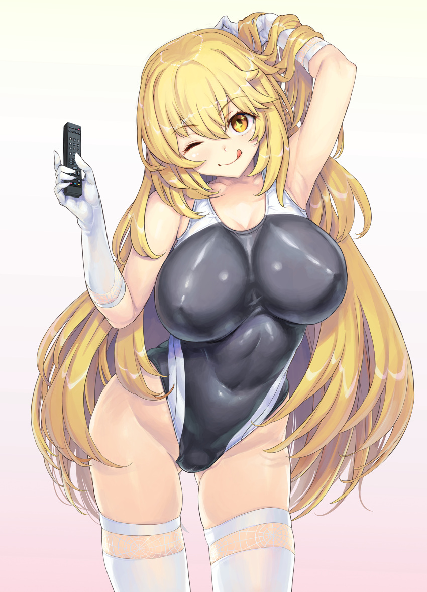 1girl :p arm_up ass_visible_through_thighs bare_hips bare_shoulders black_one-piece_swimsuit blonde_hair breasts closed_mouth commission competition_swimsuit controller covered_navel covered_nipples elbow_gloves feet_out_of_frame gloves gradient gradient_background hair_between_eyes hand_up highleg highleg_swimsuit highres holding holding_remote_control impossible_clothes impossible_swimsuit kiyama_satoshi lace-trimmed_gloves lace_trim large_breasts long_hair looking_at_viewer multicolored_clothes multicolored_swimsuit one-piece_swimsuit pink_background remote_control shokuhou_misaki skindentation smile sparkling_eyes spider_web_print standing swimsuit symbol-shaped_pupils thighhighs thighs toaru_kagaku_no_mental_out toaru_kagaku_no_railgun toaru_majutsu_no_index tokiwadai_school_swimsuit tongue tongue_out two-tone_swimsuit very_long_hair white_background white_gloves white_thighhighs yellow_eyes