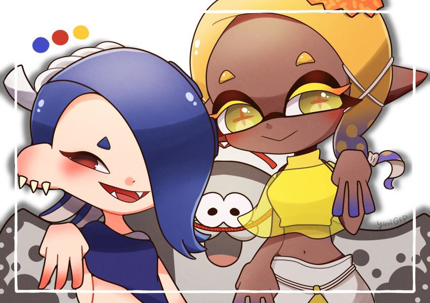 1boy 2girls big_man_(splatoon) blonde_hair blue_hair dark-skinned_female dark_skin earrings fang fangs frye_(splatoon) hair_over_one_eye highres inkling inkling_girl jewelry long_hair looking_at_viewer manta_ray medium_hair multiple_girls octoling octoling_girl one_eye_covered red_eyes shiver_(splatoon) side_ponytail splatoon_(series) splatoon_3 tentacle_hair yellow_eyes yuriyuri_no_yuri