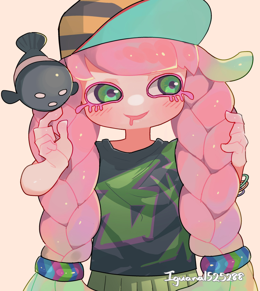 1girl absurdres alternate_hairstyle bracelet braid clownfish colored_eyelashes green_eyes green_hair harmony's_clownfish_(splatoon) harmony_(splatoon) hat highres iguana1525881 jewelry multicolored_eyes multicolored_hair pink_hair purple_eyes shirt skirt splatoon_(series) splatoon_1 splatoon_3 tentacle_hair twin_braids two-tone_hair yellow_skirt