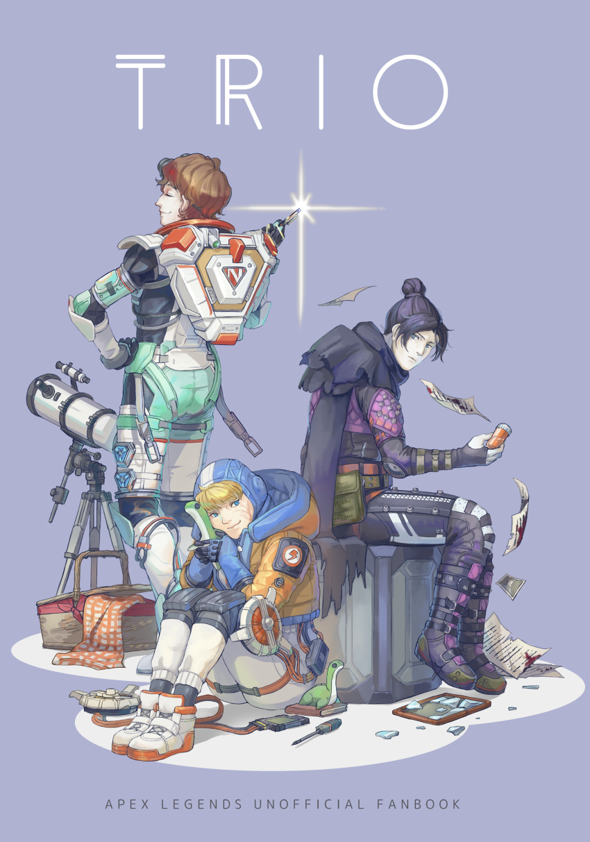 3girls absurdres apex_legends ass bangs black_bodysuit black_gloves black_hair black_scarf blue_eyes blue_headwear bodysuit bottle brown_hair closed_eyes cover cover_page doujin_cover gloves goggles goggles_on_head hair_behind_ear hair_bun hand_on_hip highres holding holding_bottle holding_pen holding_stuffed_toy hood hood_down hooded_jacket horizon_(apex_legends) jacket multiple_girls nessie_(respawn) parted_bangs pen pill_bottle scarf shoes short_hair single_hair_bun sitting smile sneakers spacesuit stuffed_toy sunakawa_mizuchi telescope thigh_strap wattson_(apex_legends) white_bodysuit white_footwear wraith_(apex_legends)