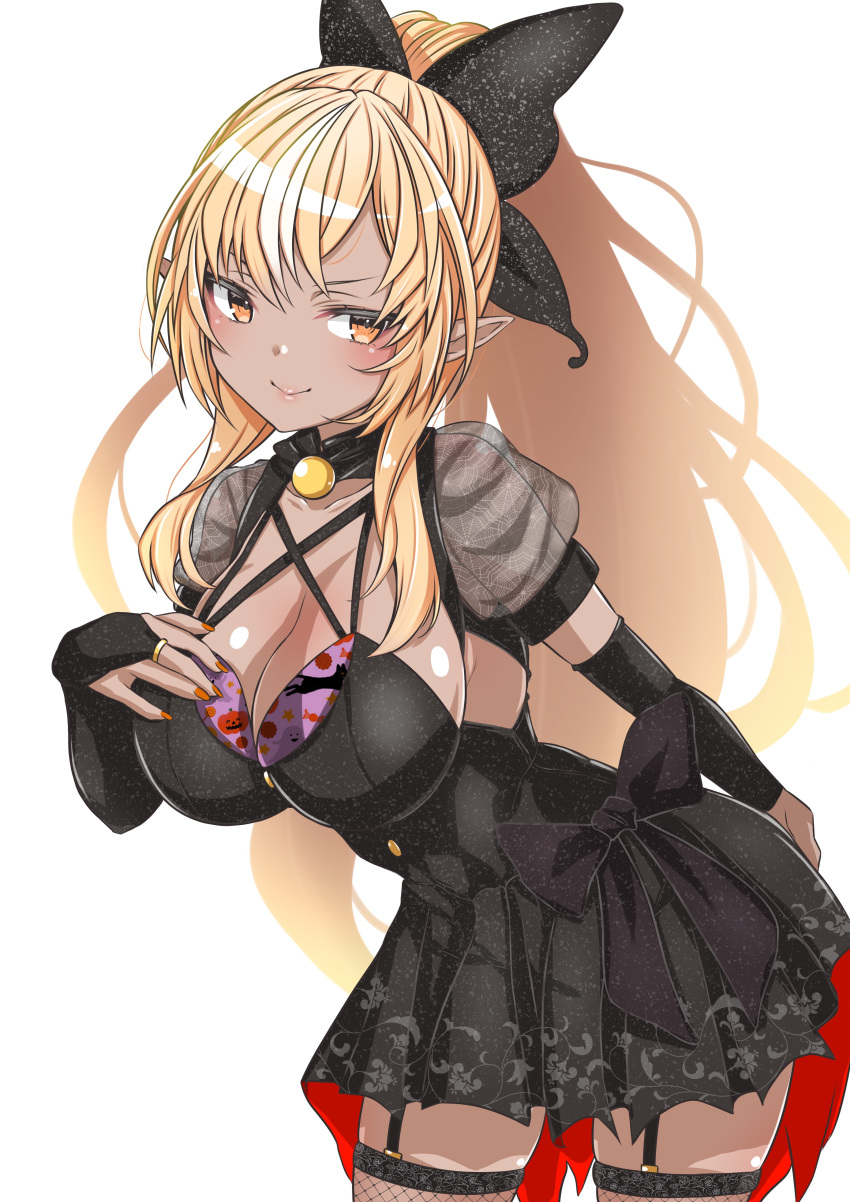 1girl absurdres black_dress black_skirt blonde_hair breasts cleavage closed_mouth collarbone dark_elf dark_skin dress elf hair_ornament hair_ribbon halloween halloween_costume hand_on_breasts head_tilt highres hololive hololive_fantasy kokechan lace lace_skirt lace_sleeves large_breasts lips looking_at_viewer medium_hair nail_polish orange_nails pointy_ears ponytail ribbon see-through shadow shiny shiny_skin shiranui_flare short_sleeves skirt smile solo yellow_eyes