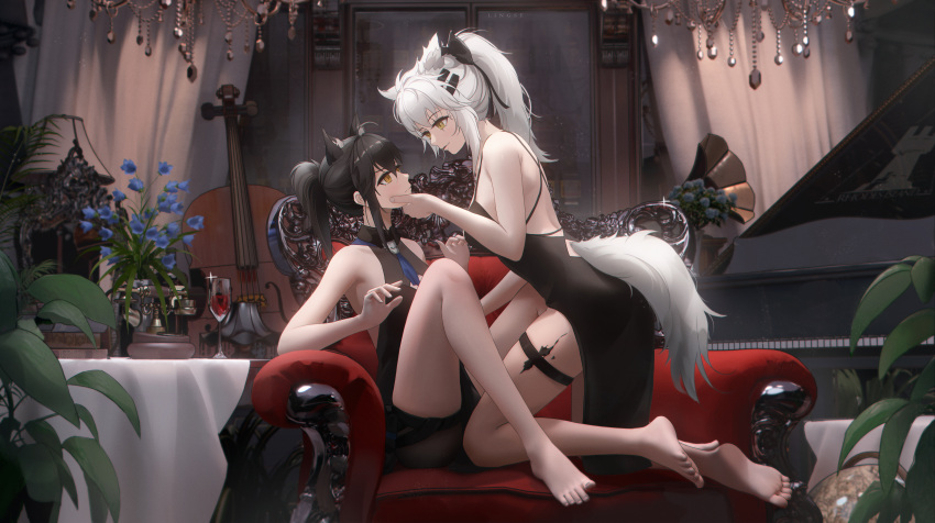 2girls absurdres alternate_costume alternate_hairstyle animal_ears arknights bare_legs bare_shoulders barefoot black_dress blue_flower cello chandelier couch cup dress drinking_glass face_grab flower hair_ornament hairclip highres indoors infection_monitor_(arknights) instrument lappland_(arknights) ling_dianxia multiple_girls plant ponytail potted_plant scar scar_across_eye sitting sleeveless sleeveless_dress soles spaghetti_strap tail tail_through_clothes texas_(arknights) thigh_strap toes white_hair wine_glass wolf_ears wolf_tail yellow_eyes