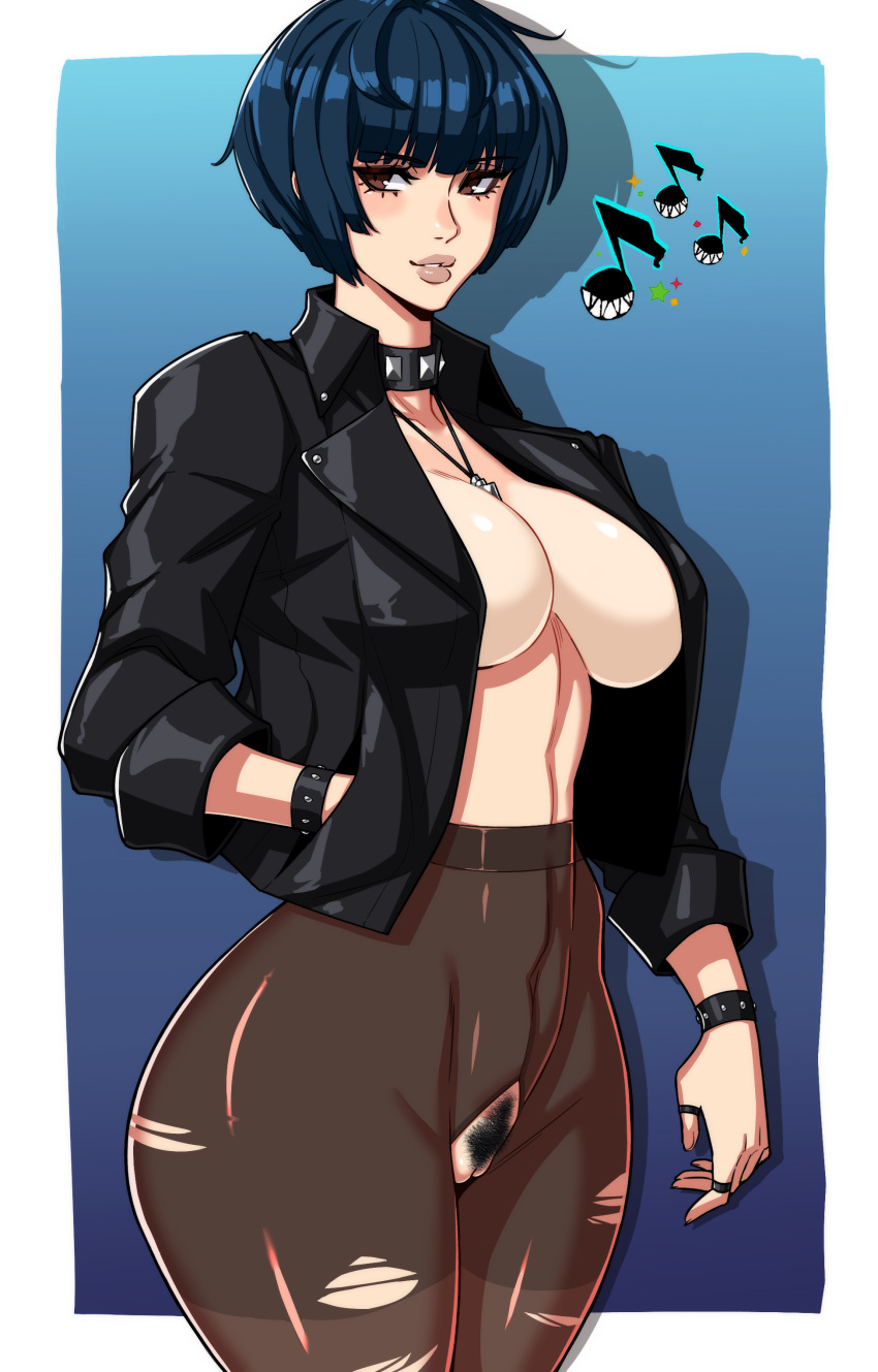 1girl absurdres alecto_0 bangs between_breasts black_hair black_jacket blue_background breasts brown_eyes brown_lips brown_pantyhose cleavage collar cowboy_shot crotchless crotchless_pantyhose curvy eyelashes female_pubic_hair hand_in_pocket high-waist_pantyhose highres jacket jewelry large_breasts leather leather_jacket multiple_rings musical_note no_bra no_pants no_shirt outside_border pantyhose pendant persona persona_5 pubic_hair pussy ring short_hair sleeves_pushed_up solo standing studded_bracelet studded_collar takemi_tae thick_thighs thighs thumb_ring torn_pantyhose uncensored