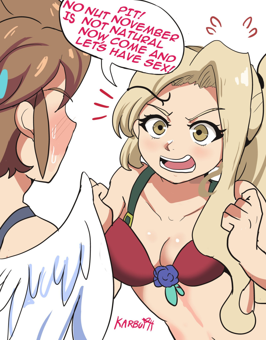 &gt;:( 1boy 1girl angel_wings artist_name blonde_hair blush bra breasts brown_hair clenched_hands collarbone english_text flower_bra flying_sweatdrops hands_up highres karbuitt kid_icarus long_hair looking_at_another no_nut_november notice_lines open_mouth pit_(kid_icarus) ponytail red_bra short_hair small_breasts strap sweatdrop underwear v-shaped_eyebrows viridi w_arms white_background wings yellow_eyes