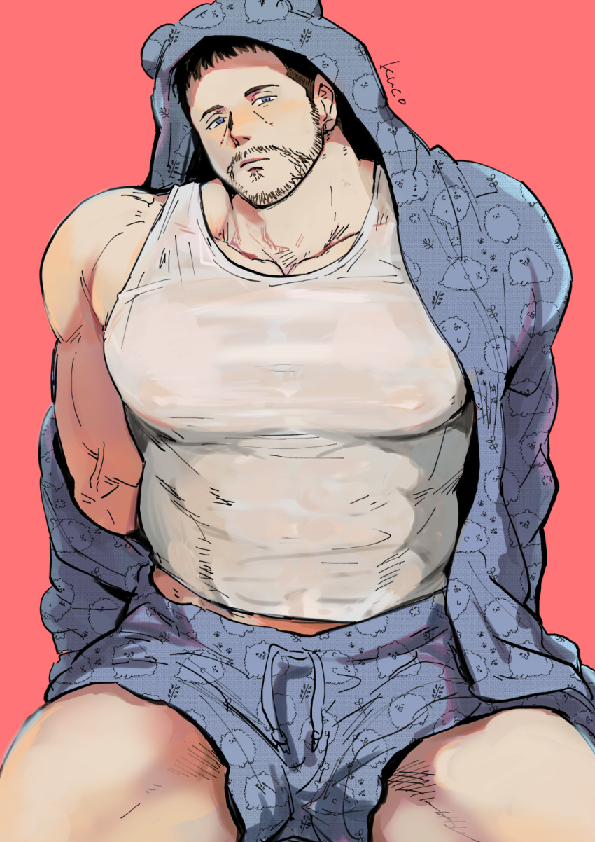 1boy animal_hood bara black_hair boxer_briefs chris_redfield facial_hair grey_male_underwear grey_shirt highres hood kuconoms large_pectorals male_focus male_underwear muscular muscular_male open_clothes open_shirt pectorals resident_evil shirt short_hair solo tank_top thighs underwear white_tank_top