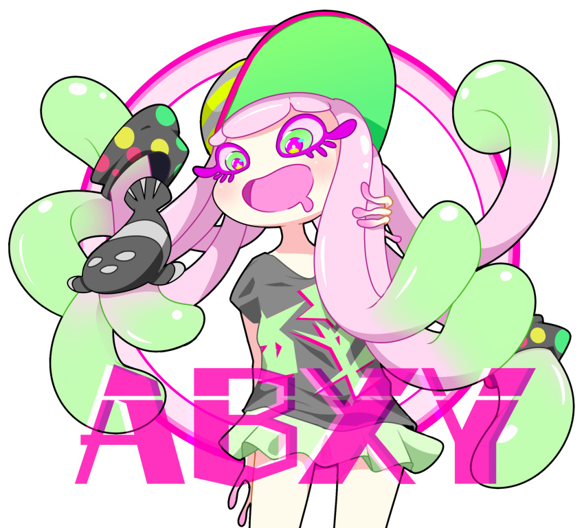 1girl bracelet clownfish colored_eyelashes commentary_request green_eyes green_hair group_name happy harmony's_clownfish_(splatoon) harmony_(splatoon) hat highres jewelry kei_(jelsamscout) multicolored_eyes multicolored_hair open_mouth pink_hair purple_eyes skirt smile splatoon_(series) splatoon_1 splatoon_3 tentacle_hair two-tone_hair yellow_skirt