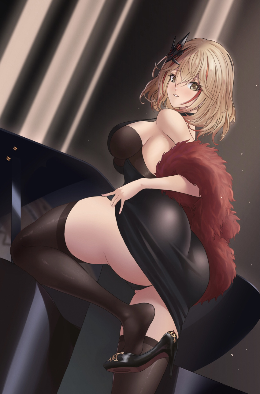 1girl ass azur_lane bare_shoulders black_pantyhose blonde_hair breasts dress feather_boa hair_between_eyes hair_ornament high_heels highres instrument large_breasts light_blush looking_at_viewer looking_back multicolored_hair pantyhose piano red_hair roon_(azur_lane) roon_(viridescent_lullaby)_(azur_lane) shoe_dangle short_hair sleeveless sleeveless_dress solo streaked_hair syu.mu two-tone_hair yellow_eyes
