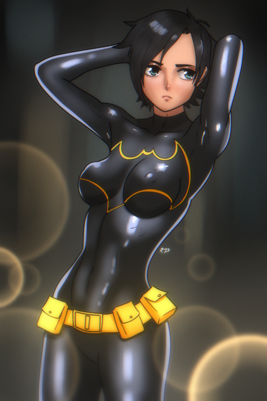 1girl absurdres arms_up bangs batgirl batman_(series) belt black_bodysuit black_hair blue_eyes bodysuit breasts cassandra_cain closed_mouth covered_navel covered_nipples dc_comics frown highres medium_breasts ronan_(user_acda5277) short_hair skin_tight solo standing swept_bangs utility_belt