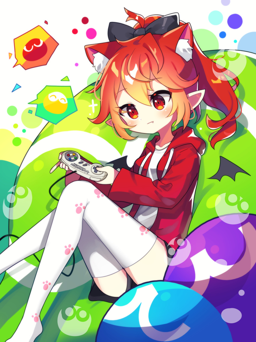 1girl absurdres bean_bag_chair black_bow black_shorts bow controller fang fang_out feet_out_of_frame game_controller hair_bow highres holding holding_controller holding_game_controller jacket offbeat orange_eyes orange_hair original paw_print playing_games pointy_ears ponytail puyo_(puyopuyo) puyopuyo red_jacket shirt shorts solo super_famicom_gamepad thighhighs white_shirt white_thighhighs