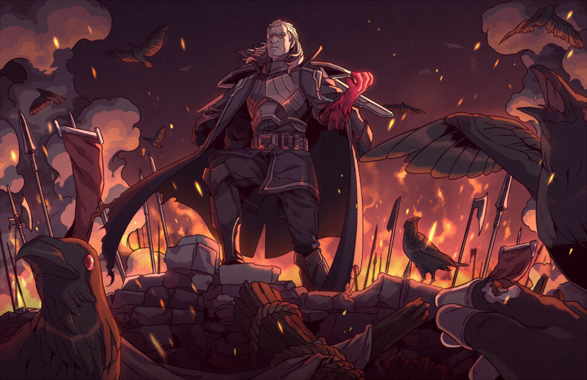 1boy armor axe belt bird black_cape cape crow duplicate embers fire flag frown gloves grey_hair league_of_legends long_hair male_focus outdoors pixel-perfect_duplicate planted polearm red_eyes red_gloves rope rubble solo spear swain_(league_of_legends) weapon wenny02