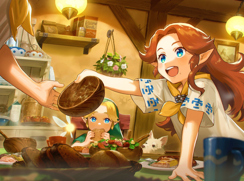 1boy 2girls animal bangs brown_hair chair commentary_request cremia dog eating fairy food food_in_mouth forehead green_headwear green_tunic hat highres indoors link long_hair multiple_girls neckerchief nshi00 open_mouth out_of_frame parted_bangs pointy_ears romani_(zelda) shirt short_hair short_sleeves siblings sisters sitting smile table tatl teeth the_legend_of_zelda the_legend_of_zelda:_majora's_mask tunic upper_body upper_teeth white_shirt yellow_neckerchief