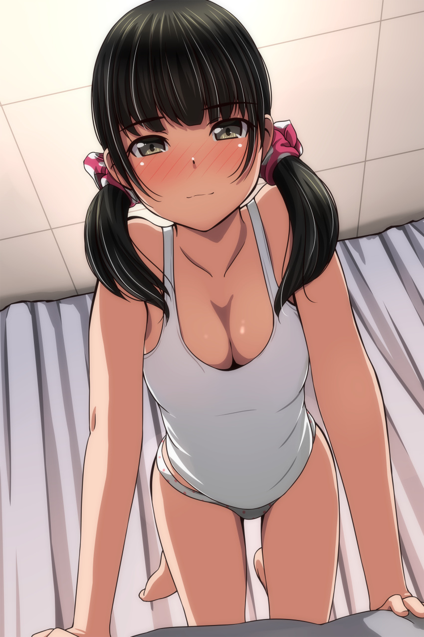 1girl absurdres all_fours barefoot black_hair blush breasts brown_eyes cleavage closed_mouth collarbone hair_ornament hair_scrunchie highres indoors kneeling looking_at_viewer matsunaga_kouyou original red_scrunchie scrunchie short_twintails smile solo tank_top thighs twintails white_tank_top