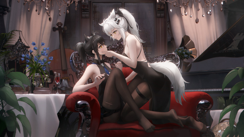 2girls absurdres alternate_costume alternate_hairstyle animal_ears arknights bare_shoulders black_dress black_pantyhose blue_flower cello chandelier couch cup dress drinking_glass face_grab flower hair_ornament hairclip highres indoors infection_monitor_(arknights) instrument lappland_(arknights) ling_dianxia multiple_girls no_shoes pantyhose plant ponytail potted_plant scar scar_across_eye sitting sleeveless sleeveless_dress spaghetti_strap tail tail_through_clothes texas_(arknights) thigh_strap torn_pantyhose white_hair wine_glass wolf_ears wolf_tail yellow_eyes