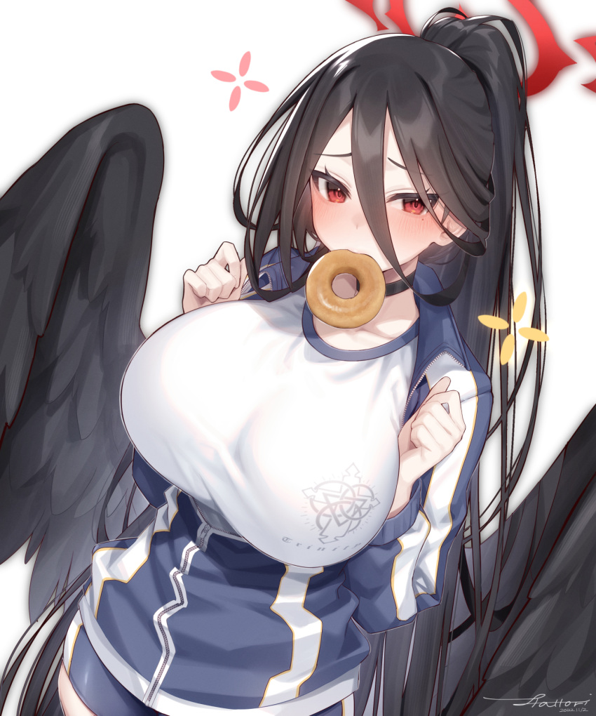 1girl black_choker black_feathers black_hair black_serafuku black_wings blue_archive blush breasts choker doughnut feathered_wings feathers food food_in_mouth gym_shirt gym_uniform hair_between_eyes halo hasumi_(blue_archive) hasumi_(gym_uniform)_(blue_archive) hattori_masaki high_ponytail highres jacket large_breasts large_wings long_hair low_wings mole mole_under_eye mouth_hold official_alternate_costume partially_unzipped red_eyes school_uniform serafuku shirt shorts signature solo track_jacket very_long_hair wings