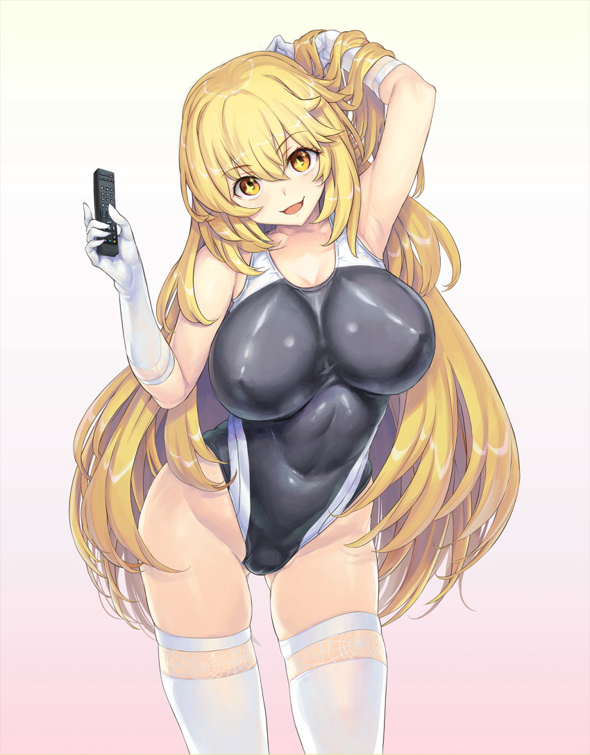 1girl :d arm_up ass_visible_through_thighs bare_hips bare_shoulders black_one-piece_swimsuit blonde_hair breasts commission competition_swimsuit controller covered_navel covered_nipples elbow_gloves feet_out_of_frame gloves gradient gradient_background hair_between_eyes hand_up highleg highleg_swimsuit highres holding holding_remote_control impossible_clothes impossible_swimsuit kiyama_satoshi lace-trimmed_gloves lace_trim large_breasts long_hair looking_at_viewer multicolored_clothes multicolored_swimsuit one-piece_swimsuit open_mouth pink_background remote_control shokuhou_misaki skindentation smile sparkling_eyes spider_web_print standing swimsuit symbol-shaped_pupils thighhighs thighs toaru_kagaku_no_mental_out toaru_kagaku_no_railgun toaru_majutsu_no_index tokiwadai_school_swimsuit two-tone_swimsuit very_long_hair white_background white_gloves white_thighhighs yellow_eyes