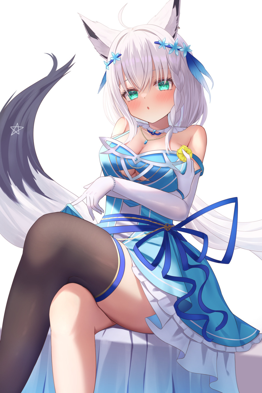 1girl :o absurdres ahoge animal_ear_fluff animal_ears aquarium_(visual_novel) bangs black_thighhighs blue_dress blush braid breast_hold breasts cleavage commentary crossed_arms crossed_legs dress earrings elbow_gloves fox_ears fox_girl fox_tail gloves green_eyes hair_between_eyes hair_ornament highres holding holding_petal hololive jewelry long_hair looking_at_viewer medium_breasts necklace pentagram petals saki_(saki_paint) shirakami_fubuki sidelocks simple_background single_braid single_thighhigh sitting solo tail thighhighs underboob virtual_youtuber white_background white_gloves white_hair wristband
