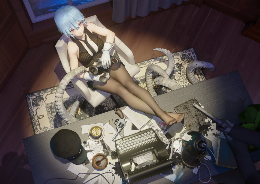 1girl 1other 3d bangs black_pantyhose blue_hair breasts corded_phone crossed_ankles desert_eagle desk feet feet_on_table formal from_above gloves gun handgun hat hat_removed headwear_removed highres holding holding_phone indoors large_breasts magician_(china) office_lady original pantyhose phone pleated_skirt red_eyes revision revolver rotary_phone short_hair sitting skirt skirt_suit sleeveless suit tentacles toes typewriter weapon white_gloves