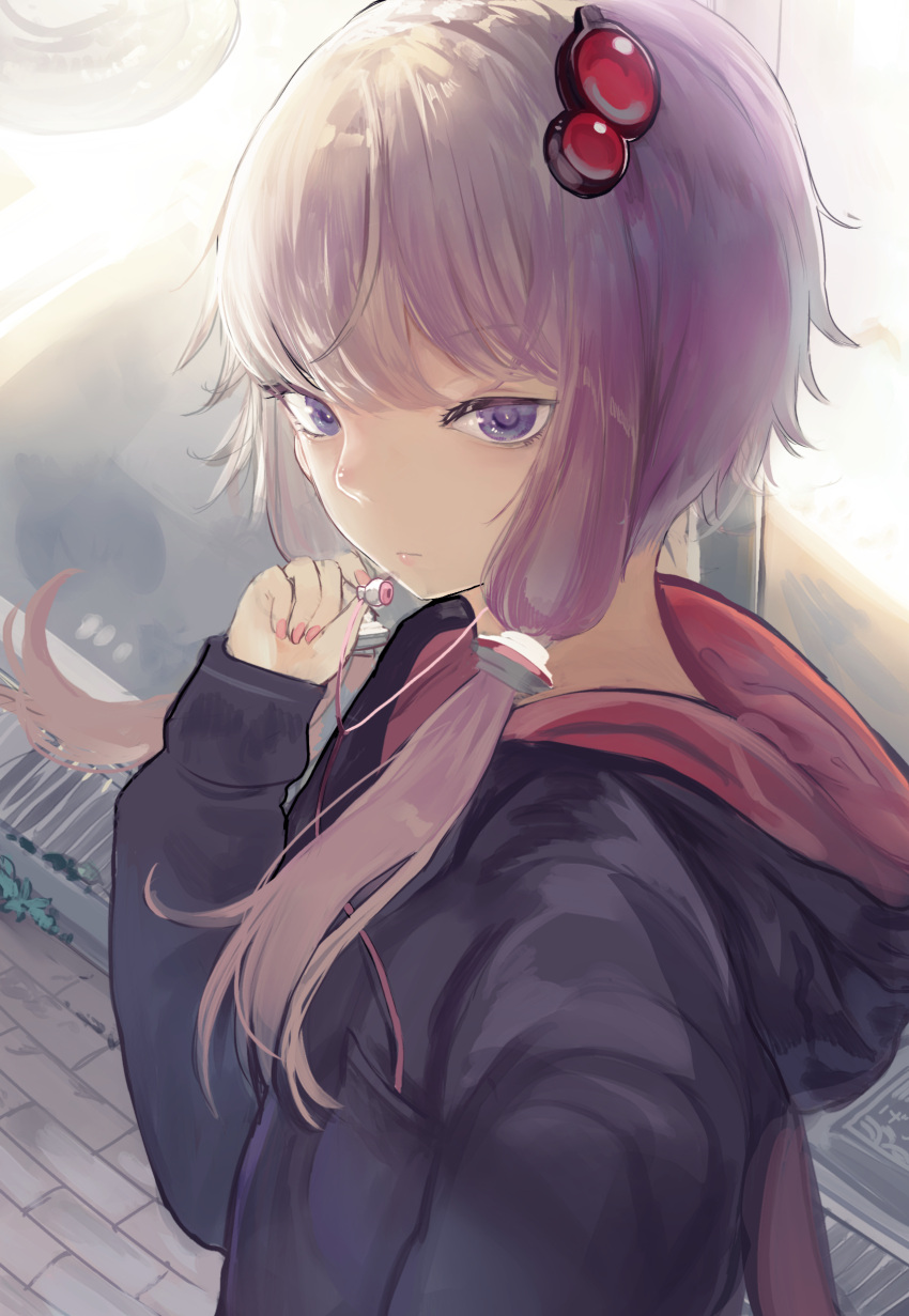 1girl absurdres bangs black_jacket breast_pocket closed_mouth earbuds earphones fingernails hair_ornament hand_up highres hood hood_down hooded_jacket jacket long_hair long_sleeves low_twintails microa nail_polish pink_nails pocket purple_eyes purple_hair solo twintails vocaloid voiceroid yuzuki_yukari