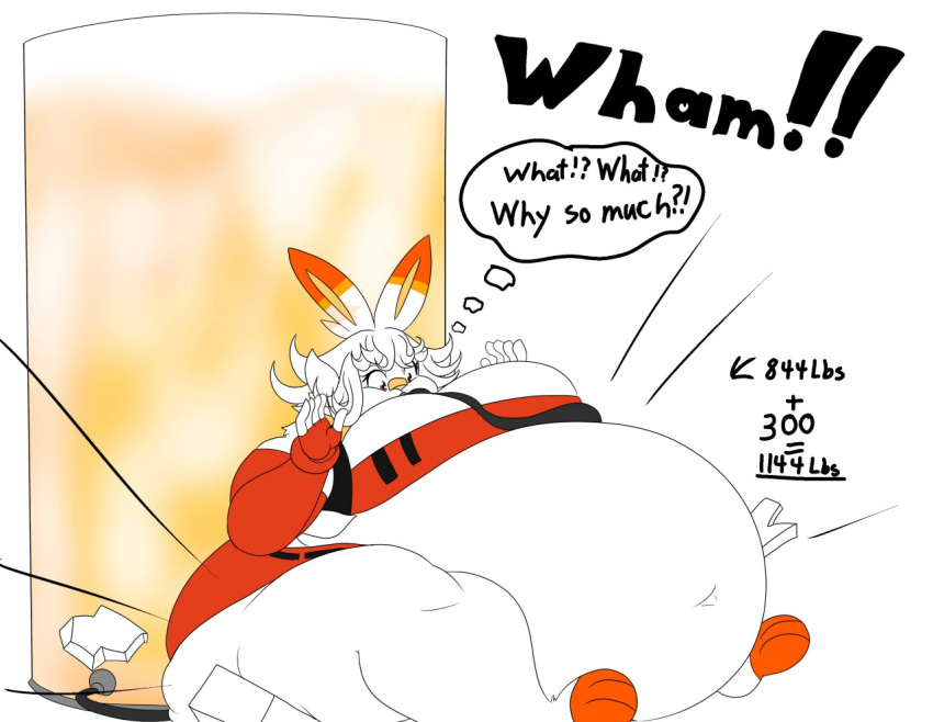 2019 anthro bandage_on_nose belly big_belly big_breasts big_butt bottomwear breasts butt clothed clothing crush crushed_object digital_media_(artwork) drinking ember_the_scorbunny female fingerless_gloves fur generation_8_pokemon gloves growth_drive hair handwear jacket lagomorph madnevil mammal nintendo obese obese_anthro obese_female overweight overweight_anthro overweight_female pokemon pokemon_(species) scorbunny short_hair simple_background solo text thick_thighs topwear video_games weight_gain white_body white_fur wide_hips