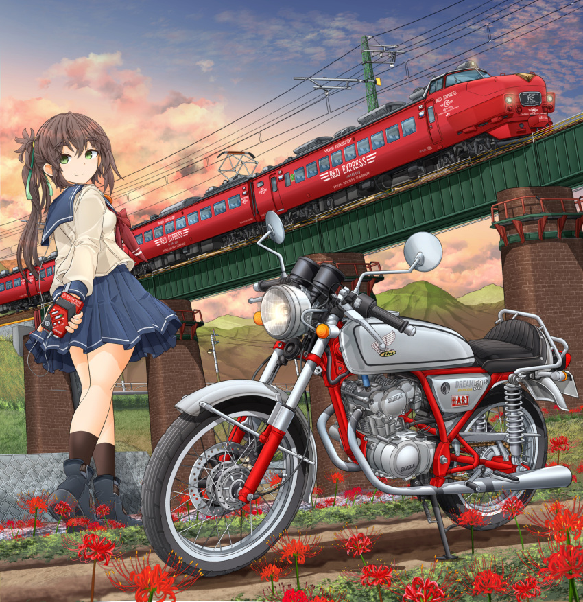 1girl absurdres arms_behind_back bangs black_footwear black_socks blue_sailor_collar boots bridge brown_hair bush cloud cloudy_sky dirt_road flower grass green_eyes green_ribbon ground_vehicle hair_ribbon headphones highres honda honda_ac15 japan_railways lamppost long_hair long_sleeves looking_back mikeran_(mikelan) motor_vehicle motorcycle mountain neckerchief original outdoors pleated_skirt ponytail power_lines red_neckerchief ribbon road sailor_collar school_uniform serafuku shirt skirt sky socks solo sony spider_lily standing sunset train utility_pole walkman white_shirt