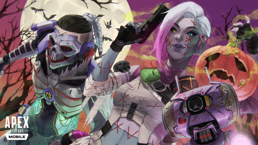 1boy 1girl absurdres apex_legends apex_legends_mobile back_hair bangs bare_tree black_bodysuit black_gloves blue_eyes bodysuit bossan_3310 cable clothing_cutout copyright_name fade_(apex_legends) fingerless_gloves gloves gradient_hair grey_overalls gun halloween handgun heterochromia highres holding holding_gun holding_weapon jack-o'-lantern leaning_forward logo long_bangs looking_at_viewer mask moon multicolored_hair navel nessie_(respawn) non-humanoid_robot official_art overalls p2020_(pistol) patchwork_skin pink_hair promotional_art red_nails rhapsody_(apex_legends) robot rowdy_(apex_legends) sticker stomach_cutout swept_bangs tree weapon white_hair yellow_eyes zombie