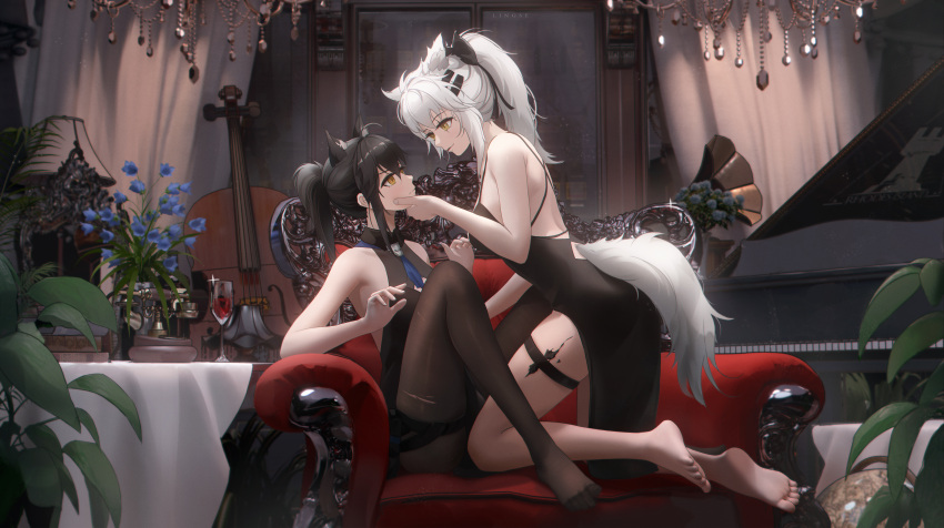 2girls absurdres alternate_costume alternate_hairstyle animal_ears arknights bare_shoulders barefoot black_dress black_pantyhose blue_flower cello chandelier couch cup dress drinking_glass face_grab flower hair_ornament hairclip highres indoors infection_monitor_(arknights) instrument lappland_(arknights) ling_dianxia multiple_girls no_shoes pantyhose plant ponytail potted_plant scar scar_across_eye sitting sleeveless sleeveless_dress soles spaghetti_strap tail tail_through_clothes texas_(arknights) thigh_strap toes torn_pantyhose white_hair wine_glass wolf_ears wolf_tail yellow_eyes
