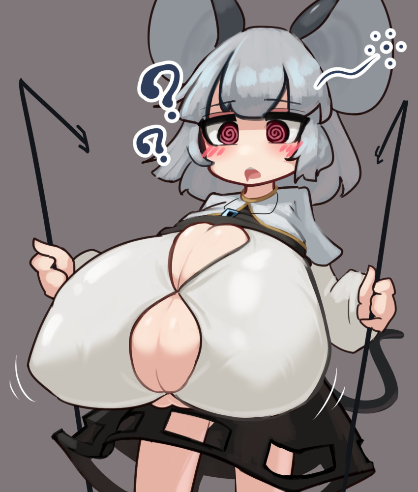 animal_humanoid big_breasts big_ears bodily_fluids bottomwear bra breast_expansion breasts capelet cleavage clothed clothing confusion dowsing_rod drooling expansion female grey_hair hair hi_res holding_object huge_breasts humanoid hyper hyper_breasts mammal mammal_humanoid medium_hair mouse_humanoid murid murid_humanoid murine murine_humanoid nazrin nipple_outline open_mouth pendant question_mark raised_clothing raised_shirt raised_topwear rodent rodent_humanoid saliva shirt skirt solo spiral_eyes teeth topwear touhou underwear video_games zakozako_y