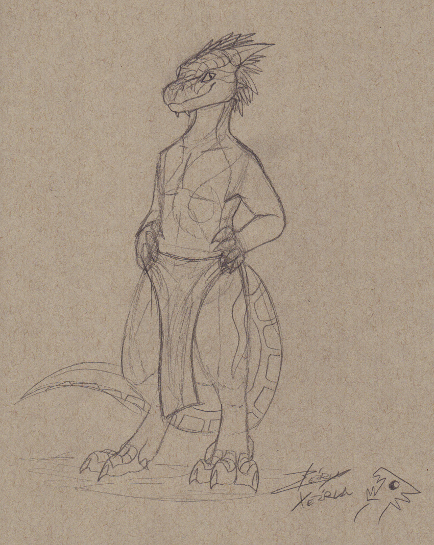 absurd_res anthro argonian bethesda_softworks biped bottomwear claws clothing feathers hi_res horn loincloth male scalie shows-his-scales solo standing the_elder_scrolls video_games xeirla