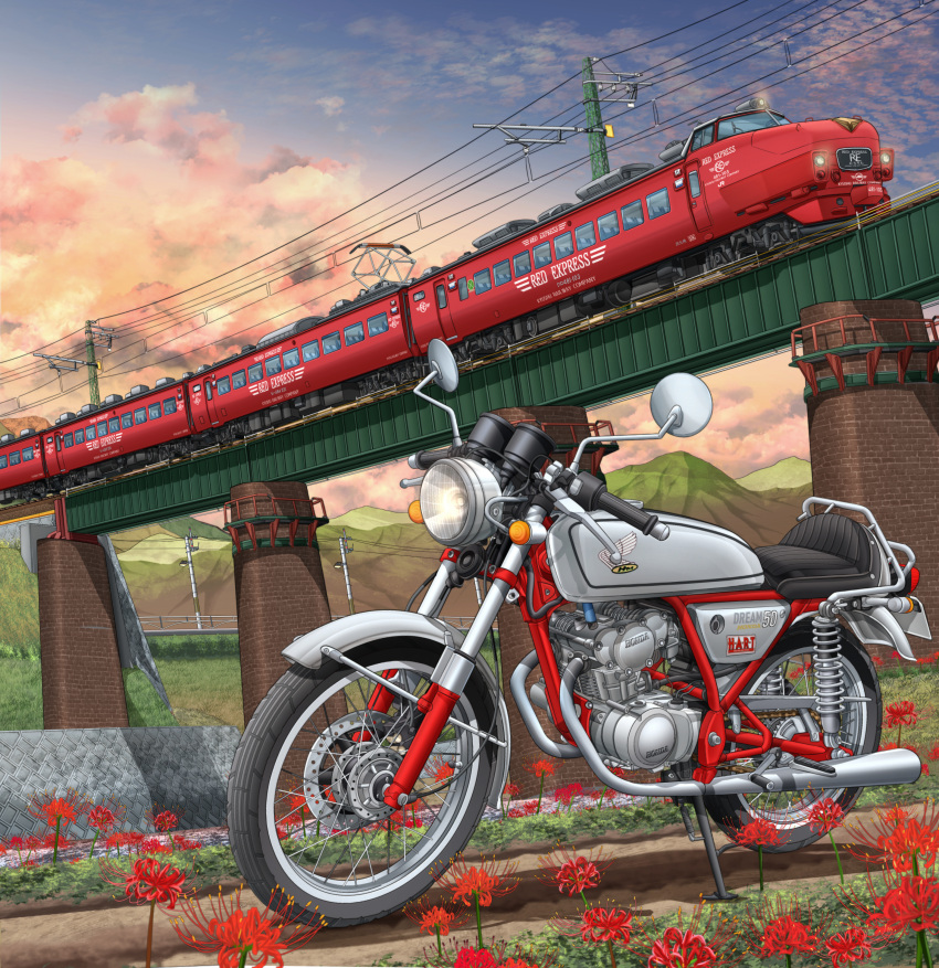 absurdres bridge cloud cloudy_sky dirt_road flower grass ground_vehicle highres honda honda_ac15 japan_railways lamppost mikeran_(mikelan) motor_vehicle motorcycle mountain no_humans original outdoors power_lines road sky spider_lily sunset train utility_pole vehicle_focus