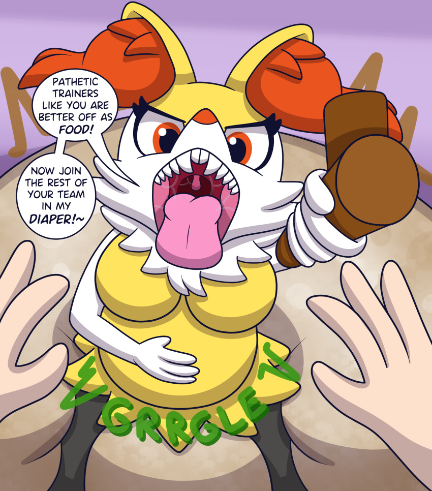 2021 absurd_res anthro braixen breasts diaper digestion_noises digital_media_(artwork) duo english_text feces female filth first_person_view fur generation_6_pokemon hand_on_stomach hi_res human imminent_vore inner_ear_fluff mammal messy_diaper nintendo nyxiettenyxstar open_mouth pokemon pokemon_(species) scat simple_background soiled_diaper soiling solo text tuft video_games yellow_body