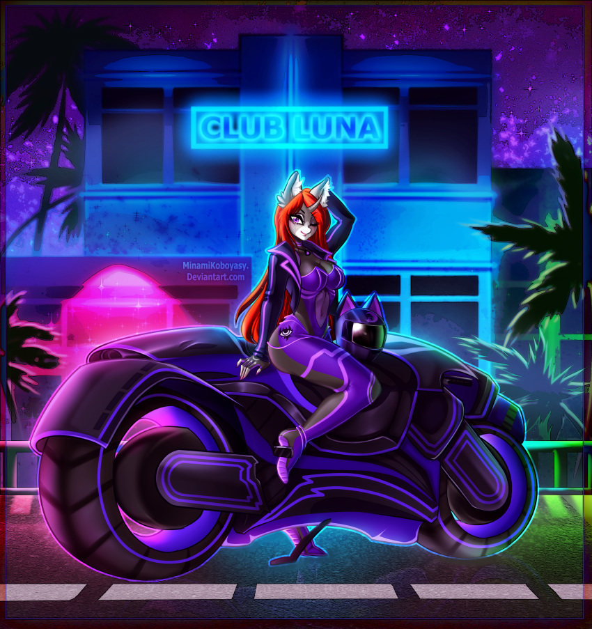 absurd_res anthro armor building clothing cutie_mark equid equine female flowing_hair flowing_mane gloves hair hand_behind_head handwear hasbro headgear helmet hi_res horn inner_ear_fluff jacket jewelry looking_at_viewer mammal markings minamikoboyasy motorcycle motorcycle_helmet my_little_pony necklace neon_lights neon_sign night night_sky nightclub one_eye_closed palm_tree plant plantigrade road selune_darkeye sign smile smiling_at_viewer snip_(marking) solo star topwear tree tuft unicorn unicorn_horn vehicle window wink