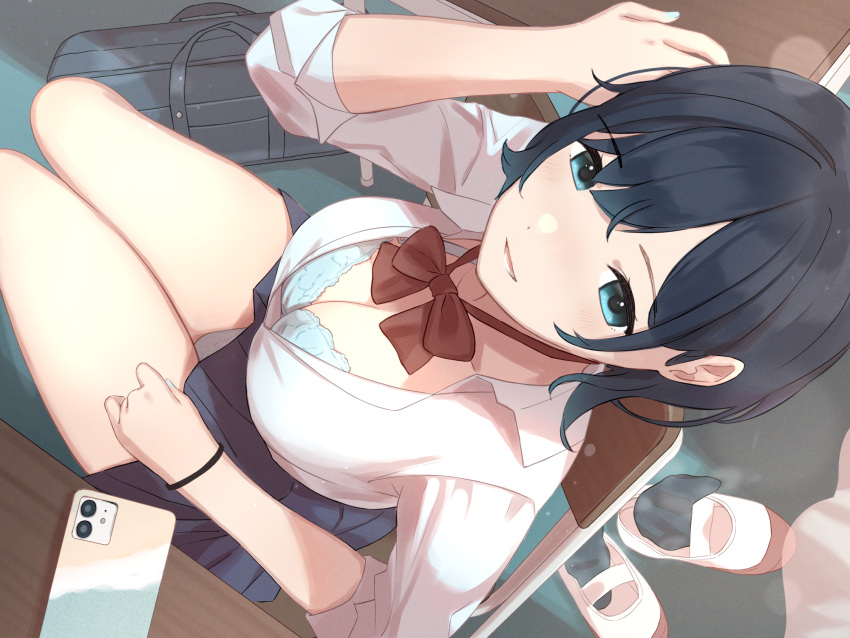 1girl akira_tooru aqua_bra aqua_eyes bag black_hair black_socks blue_skirt bra breasts cellphone chair cleavage collared_shirt commentary_request curtains desk from_above highres loafers long_sleeves looking_at_viewer medium_breasts open_mouth original panties phone pleated_skirt school_bag school_chair school_desk school_uniform shirt shoes shoes_removed sitting skirt smartphone smile socks socks_removed solo thighs underwear uniform white_footwear white_panties white_shirt