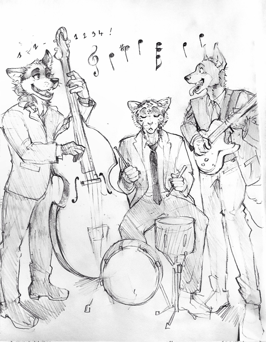 akatan_art anthro black_and_white bottomwear canid clothed clothing drum eye_contact eyes_closed felid front_view group happy head_tuft hi_res jacket looking_at_another male mammal monochrome musical_instrument necktie open_mouth open_smile pants percussion_instrument playing_music simple_background sitting sketch smile spreading standing tongue tongue_out topwear tuft unsigned wide_eyed