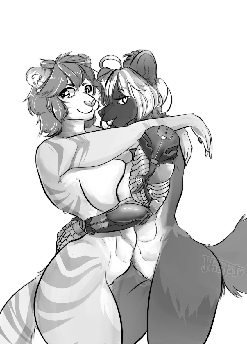 absurd_res anthro badger big_breasts big_butt breasts butt cute_expression cute_eyes digital_media_(artwork) duo felid female female/female fur genitals gulonine hair hi_res humanoid hybrid jhojuju lauren_vanpelt liger lion looking_at_viewer mammal mechanical_arm muscular muscular_female mustelid musteline nude pantherine pinup pose pussy smile striped_body stripes thick_thighs venus_karalis wolverine