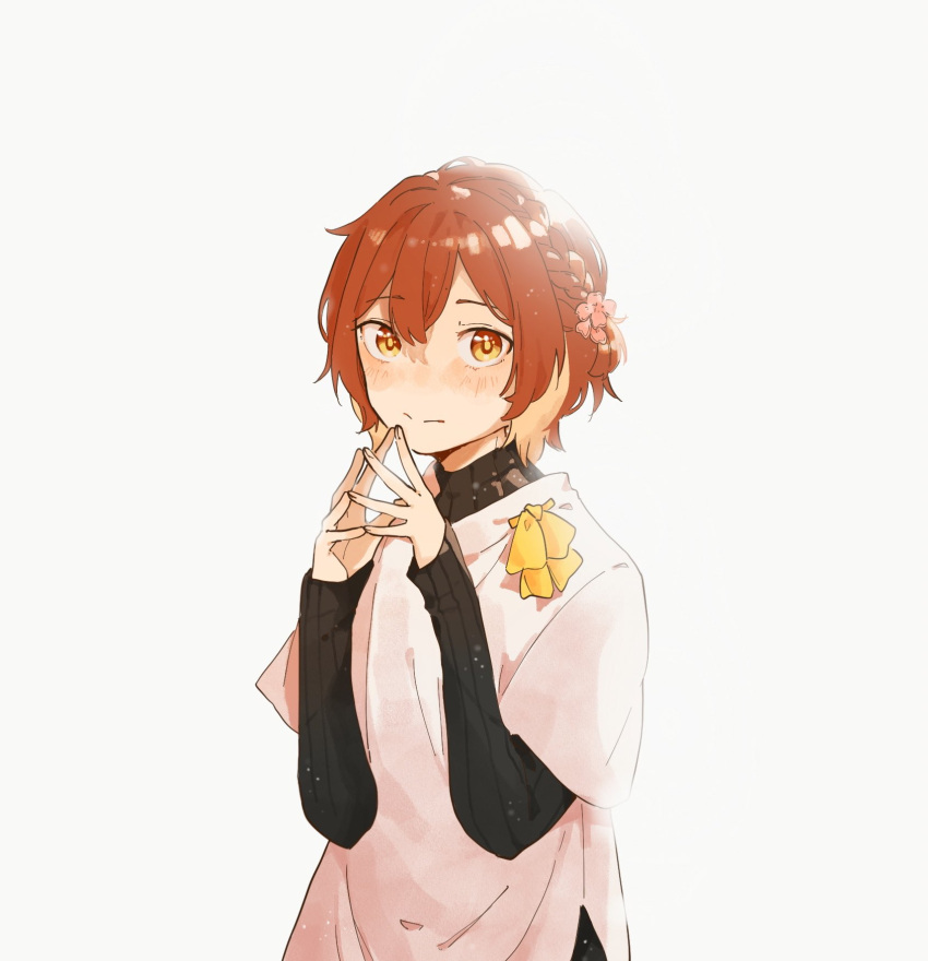 1boy black_sweater blush braid closed_mouth flower hair_between_eyes hair_flower hair_ornament hanasaki_miyabi hayate_fish highres holostars layered_sleeves long_sleeves looking_at_viewer male_focus own_hands_together red_hair ribbon shirt short_hair short_over_long_sleeves short_sleeves simple_background solo steepled_fingers sweater turtleneck turtleneck_sweater upper_body virtual_youtuber white_background white_shirt yellow_eyes yellow_ribbon
